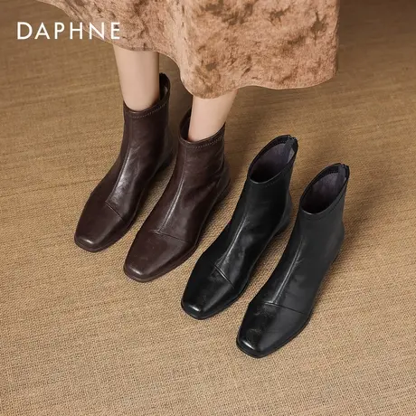 达芙妮黑色短靴女2026春季新款加绒方头粗跟瘦瘦靴高跟皮鞋马丁靴商品大图