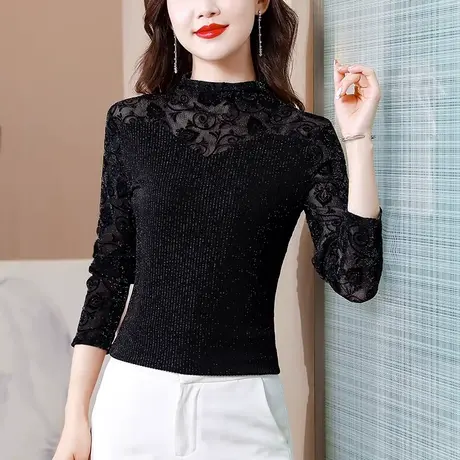 妈妈保暖内衣女士加绒加厚秋冬季大码蕾丝打底衫百搭网纱紧身上衣商品大图