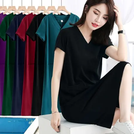 螺纹宽松大码胖mm连衣裙女显瘦遮肚子短袖v领中长款裙子纯色百搭图片