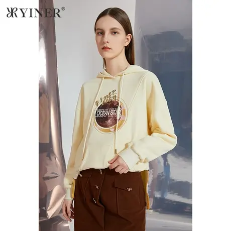 YINER音儿女装2021冬季新款艺术绣花抽绳连帽卫衣商品大图