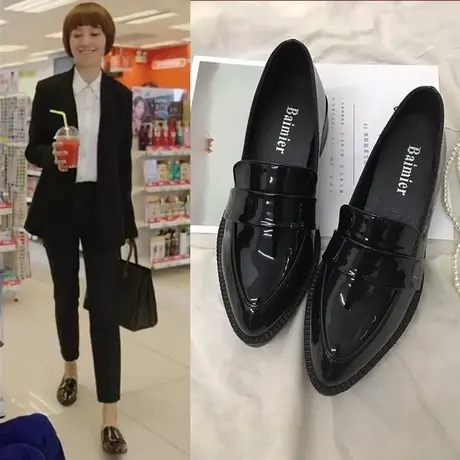 真皮小皮鞋女秋冬季2023新款韩版尖头平底漆皮乐福鞋黑色粗跟单鞋商品大图