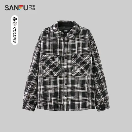 三福2023冬男士精密绣花格纹外套 街头潮流宽松翻领上衣472727图片