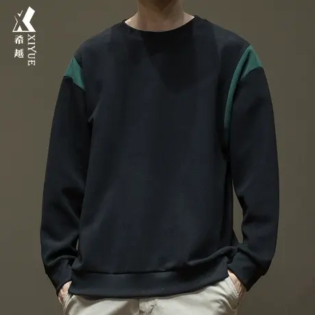 希越华夫格400g重磅套头卫衣男秋冬季拼接撞色圆领内搭长袖打底衫商品大图