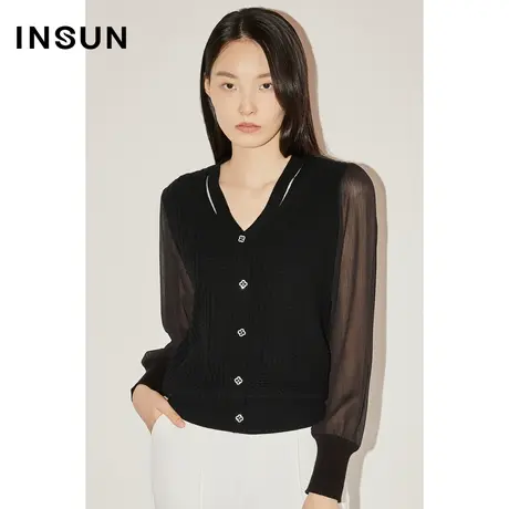 【官方直播】恩裳COVER时尚拼接通透顺纡雪纺袖流行华夫饼针织衫图片