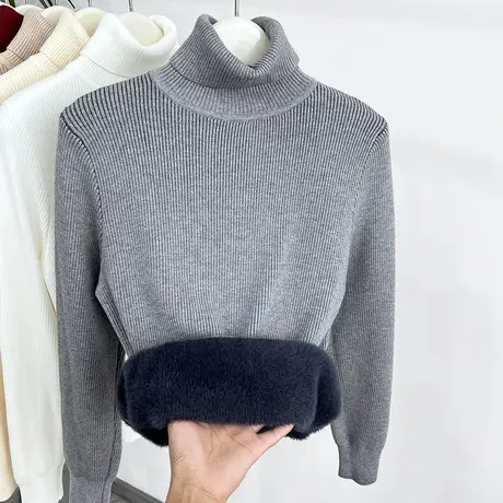 高领毛衣水貂绒长袖针织衫女2023秋冬新品加绒加厚保暖洋气打底衫商品大图