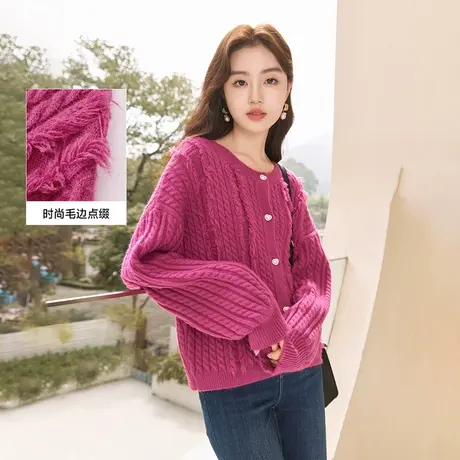 【直播间】香影红色毛衣女2023秋冬新款慵懒风宽松圆领流苏麻花商品大图