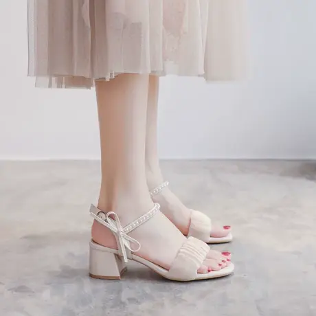 真皮法式粗跟凉鞋女2023年夏季新款时尚仙女风配裙子一字带高跟鞋商品大图