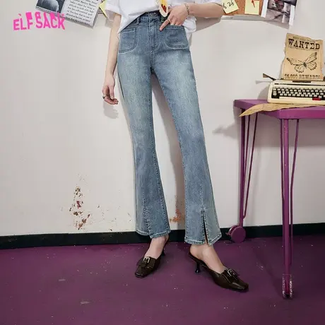 妖精的口袋浅色开叉微喇牛仔裤女2023夏季新款高腰修身显瘦花瓣裤商品大图