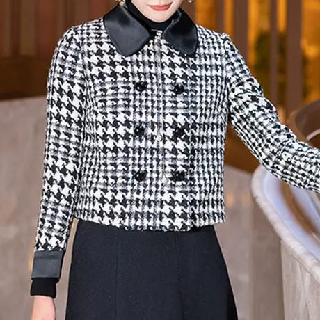 黑白千鸟格短款毛呢外套女秋冬2024新款时尚气质双排扣长袖短上衣图片