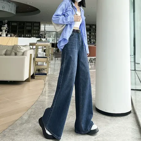 欧货阔腿牛仔裤女宽松大码胖mm微喇叭裤春秋季高腰拖地直筒长裤子图片