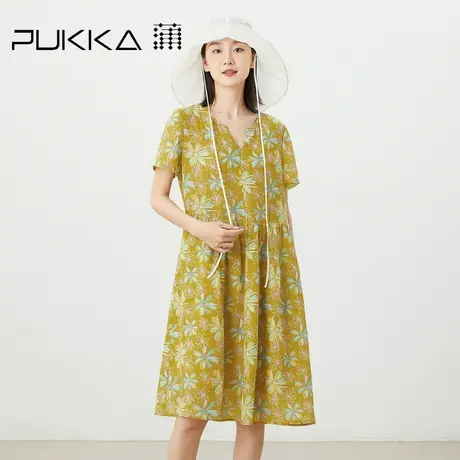 蒲PUKKA 原创2023春夏苎麻小雏菊印花宽松法式V领短袖连衣裙图片