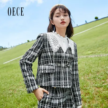 Oece春装女装 抢镜小香风复古法式蕾丝翻领格纹织花外套商品大图