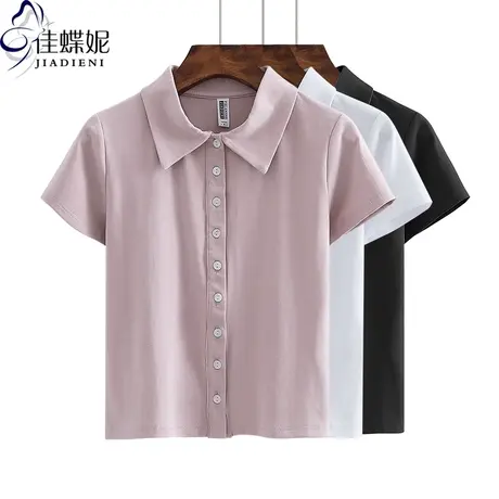夏季新款韩版纯棉修身显瘦短款高腰立领纽扣开衫短袖体恤上衣女装商品大图