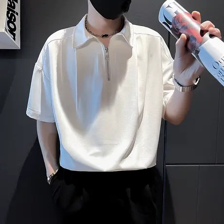 夏季短袖T恤潮流拉链设计潮男宽松上衣2023新款纯色发型师POLO衫商品大图