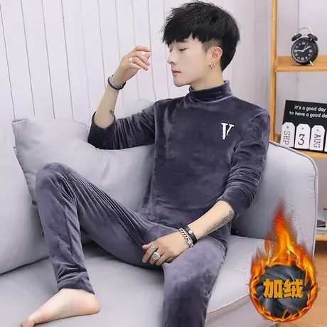 冬季保暖内衣男加绒半高领青年加厚金丝绒套装学生秋衣秋裤打底衫图片