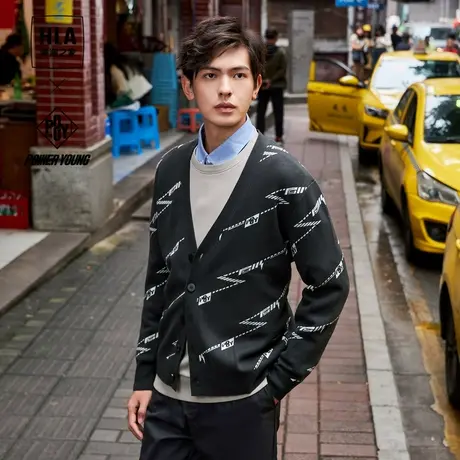 HLA海澜之家POWER YOUNG针织开衫2023秋冬时尚花型保暖外套男图片