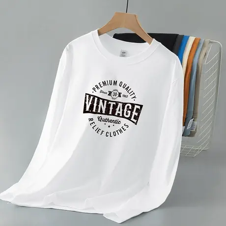 重磅长袖t恤男士纯棉2024新款白色上衣服潮流印花全棉内搭打底衫图片