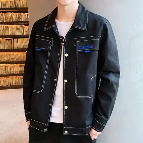 潮牌翻领夹克男装帅气上衣服2023春秋季青少年工装外套男宽松韩版商品大图