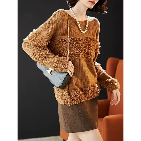 宝诗黎圆领宽松短款羊毛衫女设计感纯色针织衫2023秋冬季慵懒毛衣商品大图