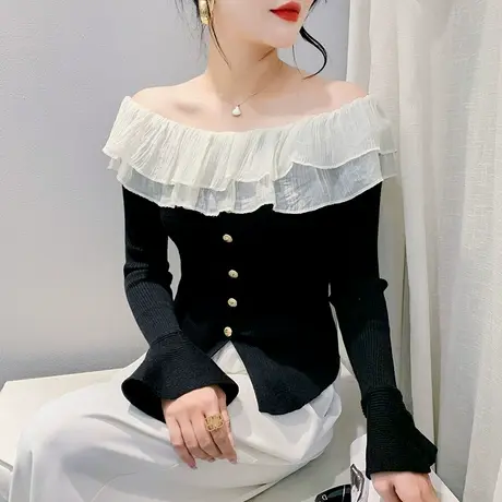 秋季新款针织衫性感一字领打底衫纽扣拼接木耳边上衣洋气修身小衫图片