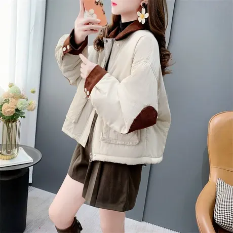 美式复古拼色翻领棉衣外套女2023秋冬新款宽松加厚小个子百搭上衣图片