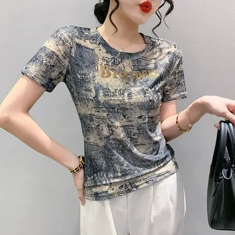 涂鸦T恤女短袖2024夏装新款设计感印花网红上衣显瘦修身个性小衫商品大图