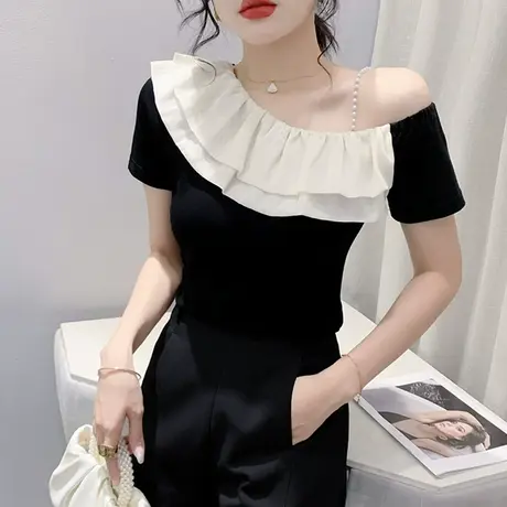 欧货一字领短袖T恤女夏2024新款心机性感露肩上衣气质荷叶边小衫图片
