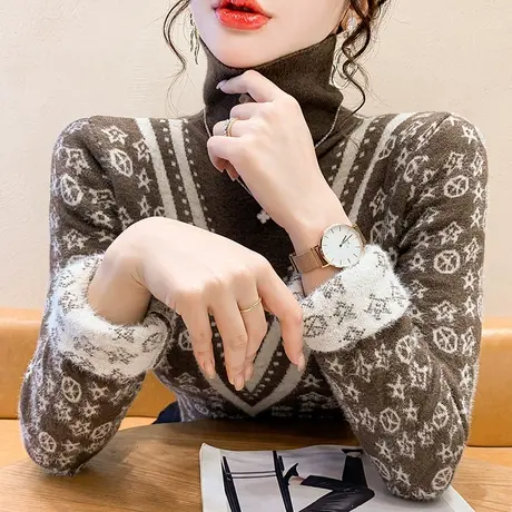 加厚一体绒毛衣女秋冬内搭洋气高领针织打底衫时尚印花紧身上衣潮图片