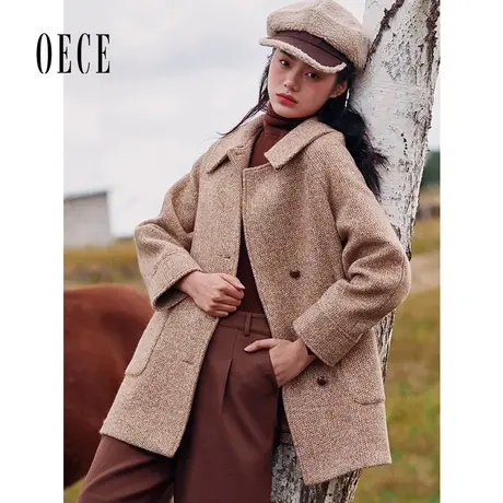 Oece秋冬新款女 复古中长款毛呢外套气质呢子大衣商品大图