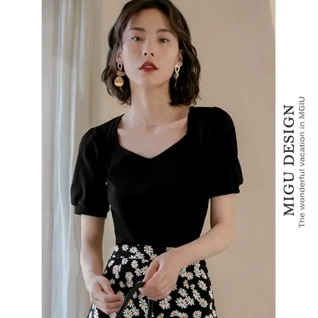 弥古丝光棉方领短袖t恤女黑色法式泡泡袖复古上衣夏修身显瘦内搭图片