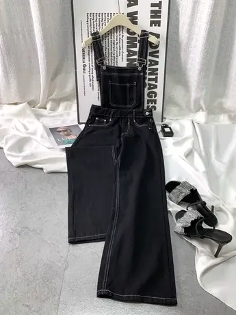 韩版牛仔背带裤女时尚百搭宽松减龄吊带连体裤学生阔腿口袋工装裤商品大图