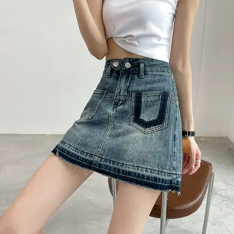 复古毛边高腰牛仔短裙女夏季薄款包臀a字撞色设计感辣妹半身裙子图片
