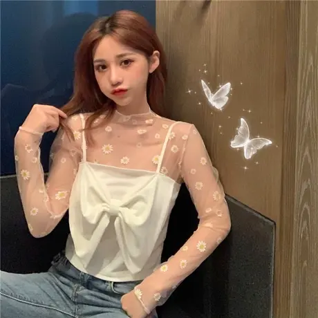 上衣女韩版温柔风泫雅紫色小雏菊蕾丝打底衫仙气雪纺内搭防晒网纱图片