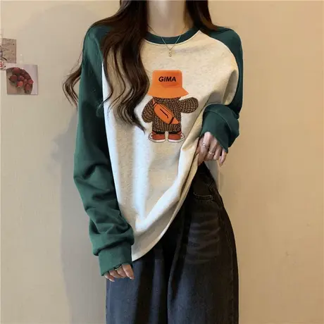 卡通动漫圆领长袖卫衣女早秋百搭韩版宽松薄款情侣装插肩袖上衣服商品大图