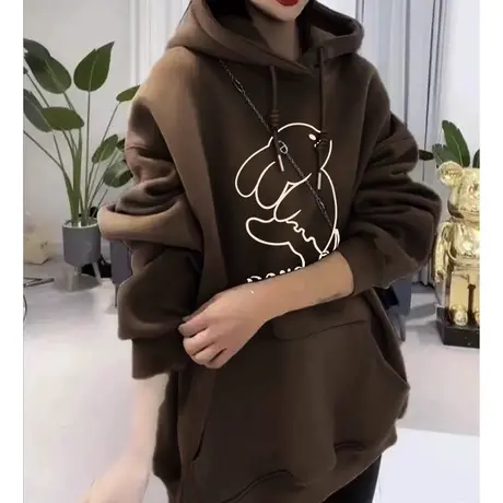 胖mm中长款遮屁股秋冬上衣女古着加绒连帽卫衣ins潮宽松情侣外套商品大图