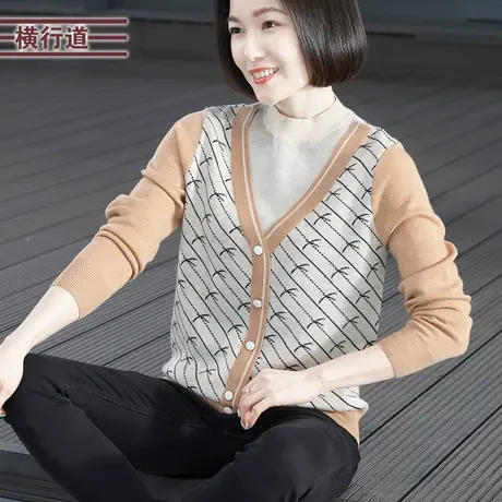 2024新款春装半高领假两件提花长袖毛衣女装针织衫大码妈妈装上衣图片