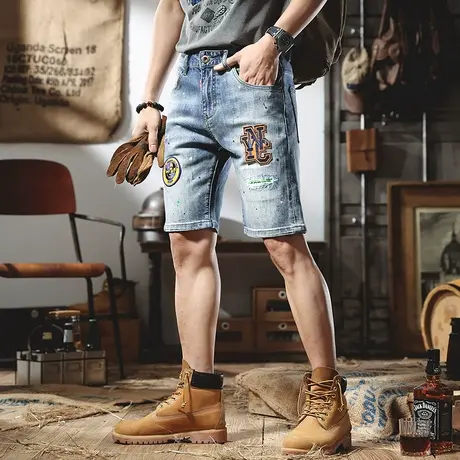 高端欧货贴布破洞牛仔短裤男潮百搭修身流行韩版五分裤中裤青年潮商品大图