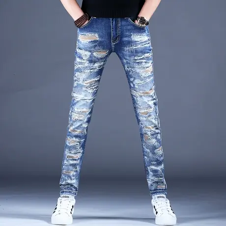 破洞印花高端潮牌牛仔裤男款秋冬新款裤子男修身小脚弹力百搭奢侈商品大图