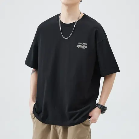 夏季男士字母印花短袖T恤男款夏天纯棉圆领半袖衫2024新款上衣服商品大图