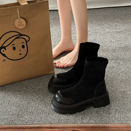 短筒靴子女2023年秋季新款复古气质百搭时尚粗跟增高英伦风瘦瘦靴商品大图