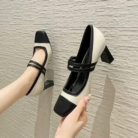 法式玛丽珍女鞋2024年新款拼色一字扣带高跟鞋不累脚粗跟复古单鞋商品大图