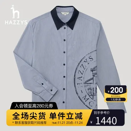 【商场同款】Hazzys哈吉斯设计感撞色纯棉衬衫女2023秋季新款上衣商品大图