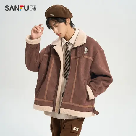 三福2023冬男士可拆章仔麂皮羊羔绒夹克 宽松翻领外套男477117商品大图