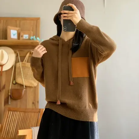 dza 复古秋冬连帽贴布毛衣女2023新款宽松长袖针织打底衫宽松上衣图片