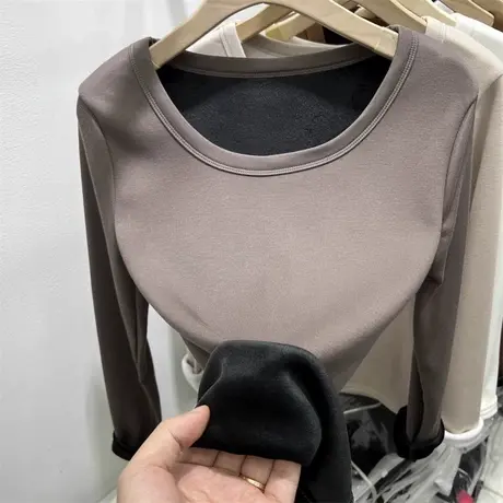 加绒加厚U领长袖T恤女内搭修身打底衫秋冬德绒保暖一体绒上衣服潮商品大图