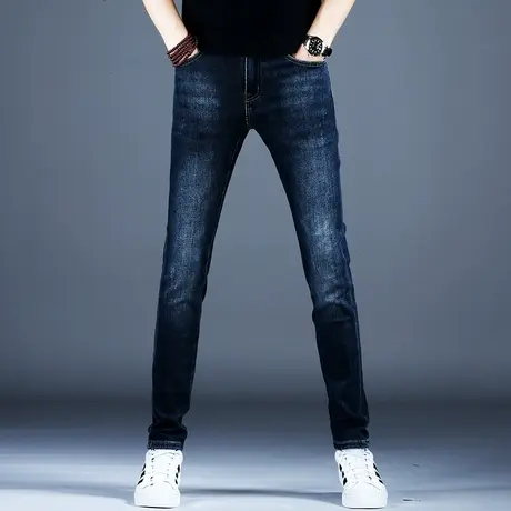 男士新款牛仔裤男潮牌简约修身百搭蓝色小脚裤子男2023秋冬季厚款商品大图