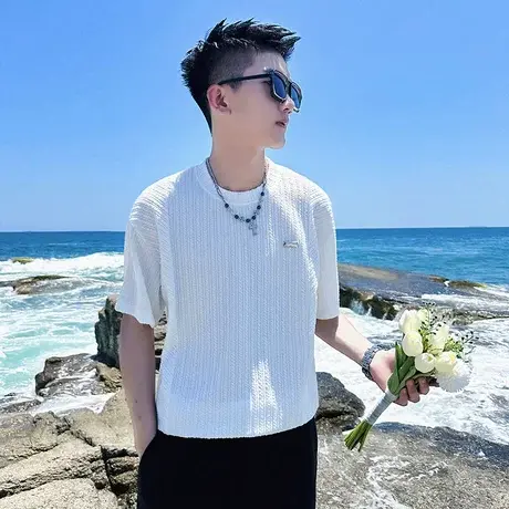 2023短袖t恤男夏季痞帅小众设计休闲ins潮流半袖上衣条纹百搭体恤商品大图