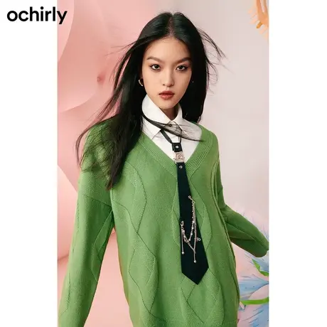 【品牌甄选】欧时力 含羊毛毛衣 新款秋装中长V领英伦学院风挎包商品大图