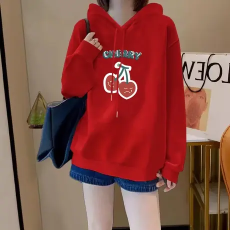 红色连帽卫衣女秋冬季新款2024宽松爆款oversize上衣加绒加厚外套商品大图