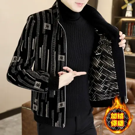 男士高级感条纹痞帅夹克冬季立领加绒加厚短款毛呢大衣金貂绒外套图片